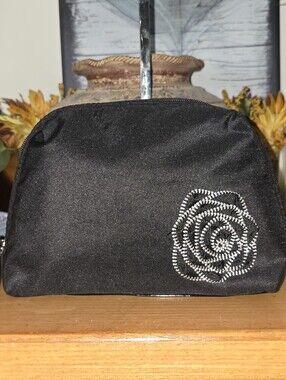 Lancome Cosmetic Pouch. Black Nylon With Floral Applique. EUC
